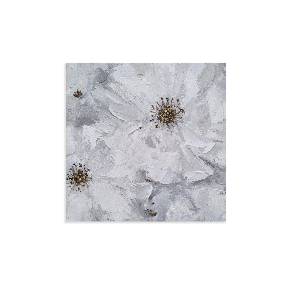 Artisanal White and Gray Flower Blooms Unframed Canvas Wall Art 16" X 16"